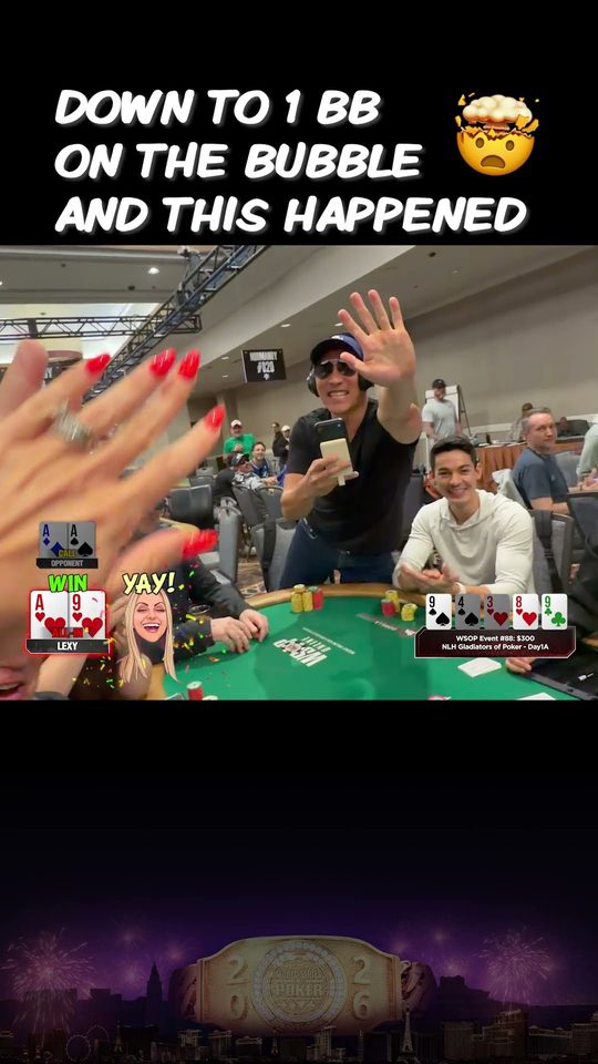 A hand waving at the camera over a WSOP tournament table, under the caption Down to 1 BB on the bubble